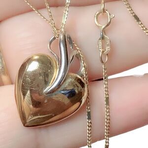 14k 14KT ISRAEL Two Tone White And Gold Puffy Heart Pendant With 18” Chain